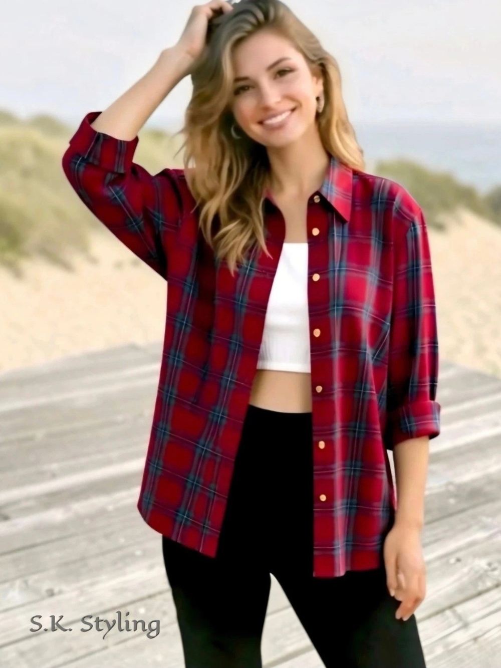 Chaps Classics Womens Plus 2X Plaid Button Up Shirt Red Green Tartan Gold Button
